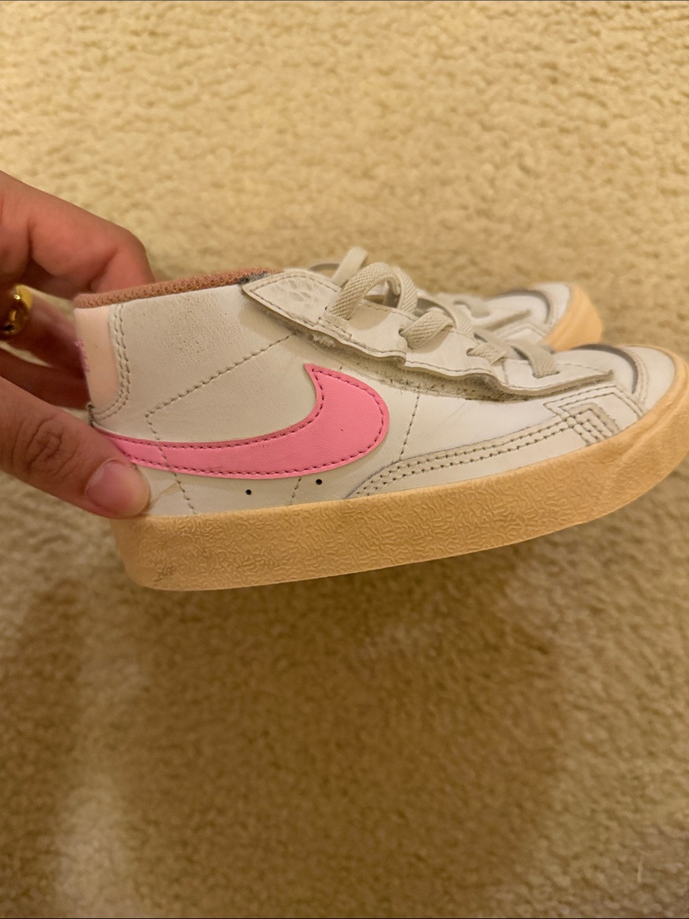 Nike Kids High-Top Sneakers in White with Pink Swoosh and Tan Sole